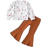 Renotemy Toddler Baby Girl Clothes Fall Winter Outfits, Ruffle Sleeve Crew Neck Sweatshirts Flare Pants Set 12Months-4 Year