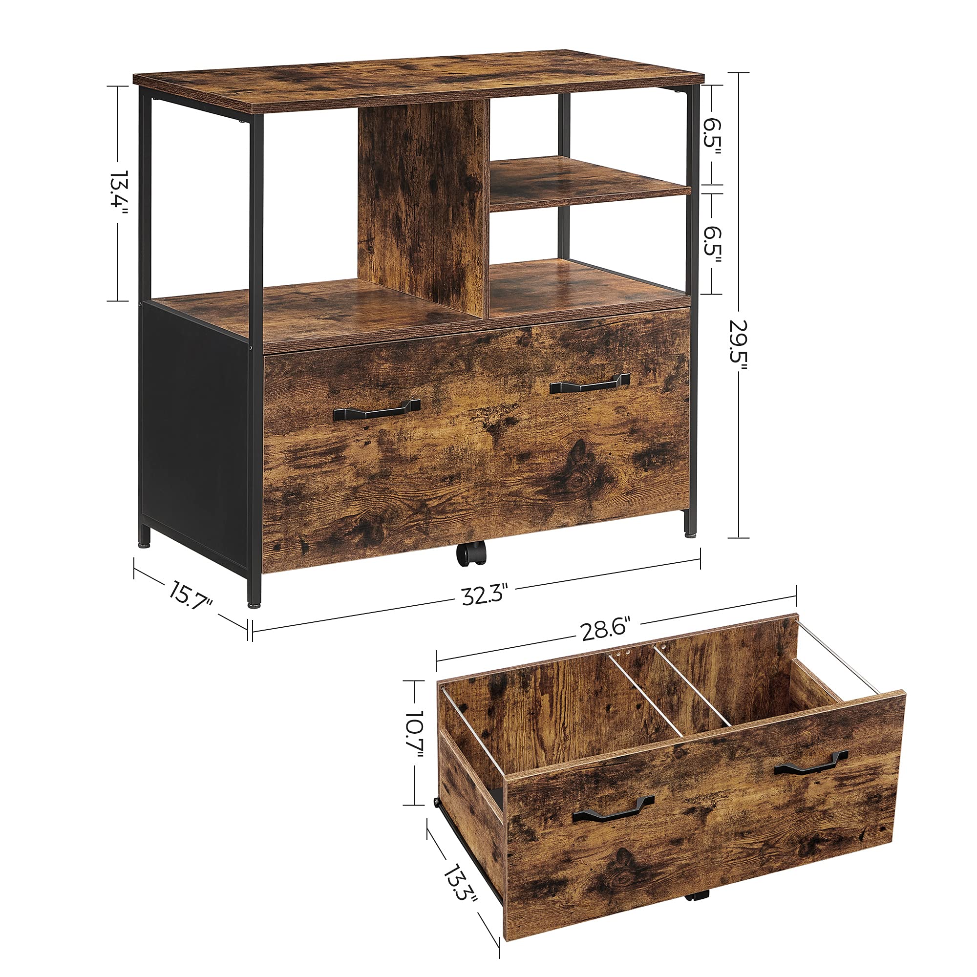VASAGLE Lateral File Cabinet with Open Shelves and Drawer, for A4, Letter and Legal Sized Documents, Printer Stand, Rustic Brown + Black