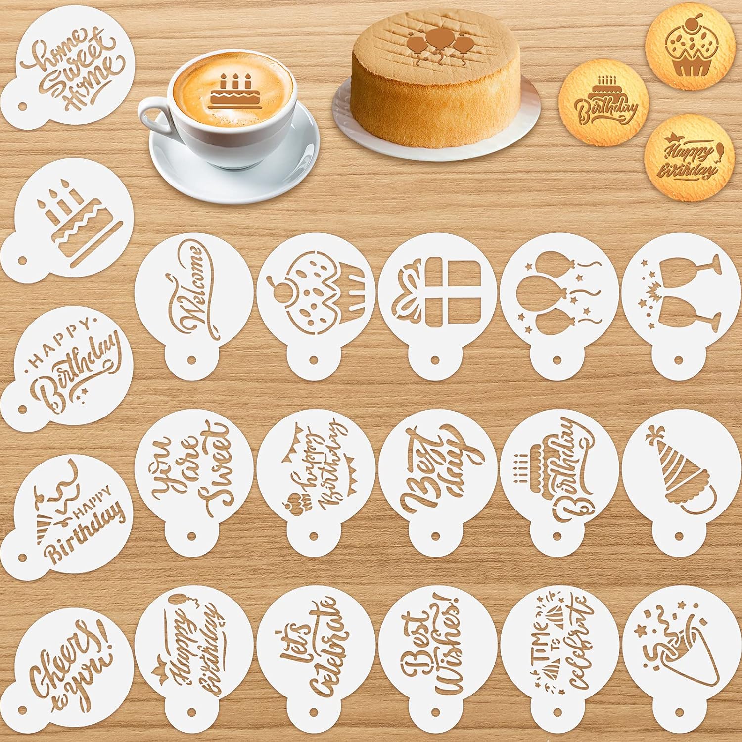 20 Pieces Happy Birthday Cookie Stencil Happy Birthday Theme Cake Cookies Baking Stencil Painting Templates Reusable Cute Stencil Painting Mold Tools, Dessert, Coffee Decorating Molds
