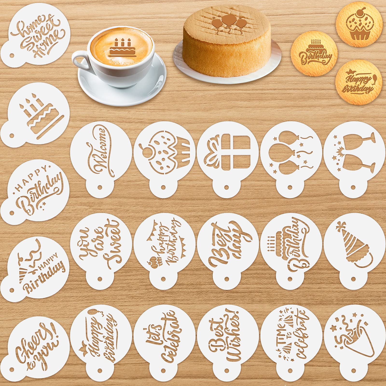 View 1 of 20 Pieces Birthday Cookie Stencil Templates Decoration Cookie Stencil for Birthday Coffee Cake Templates Reusable Painting Mold Tools, Dessert, Coffee Decorating Mold(Cake Style)