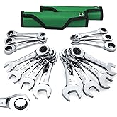 SK Stubby Wrenches Set, Ratchet Wrenches Set, 14-Piece, SAE &amp; Metric | Stubby Ratchet Wrench Set 72-Tooth, Ratcheting Combination Wrench Set, CR-V Steel, Roll-Up Pouch