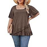 Angelips Womens Plus Size Tops Dressy Casual Blouses Square Neck Ruffle Hem Tunic Summer Going Out Shirts Short Sleeve 2025
