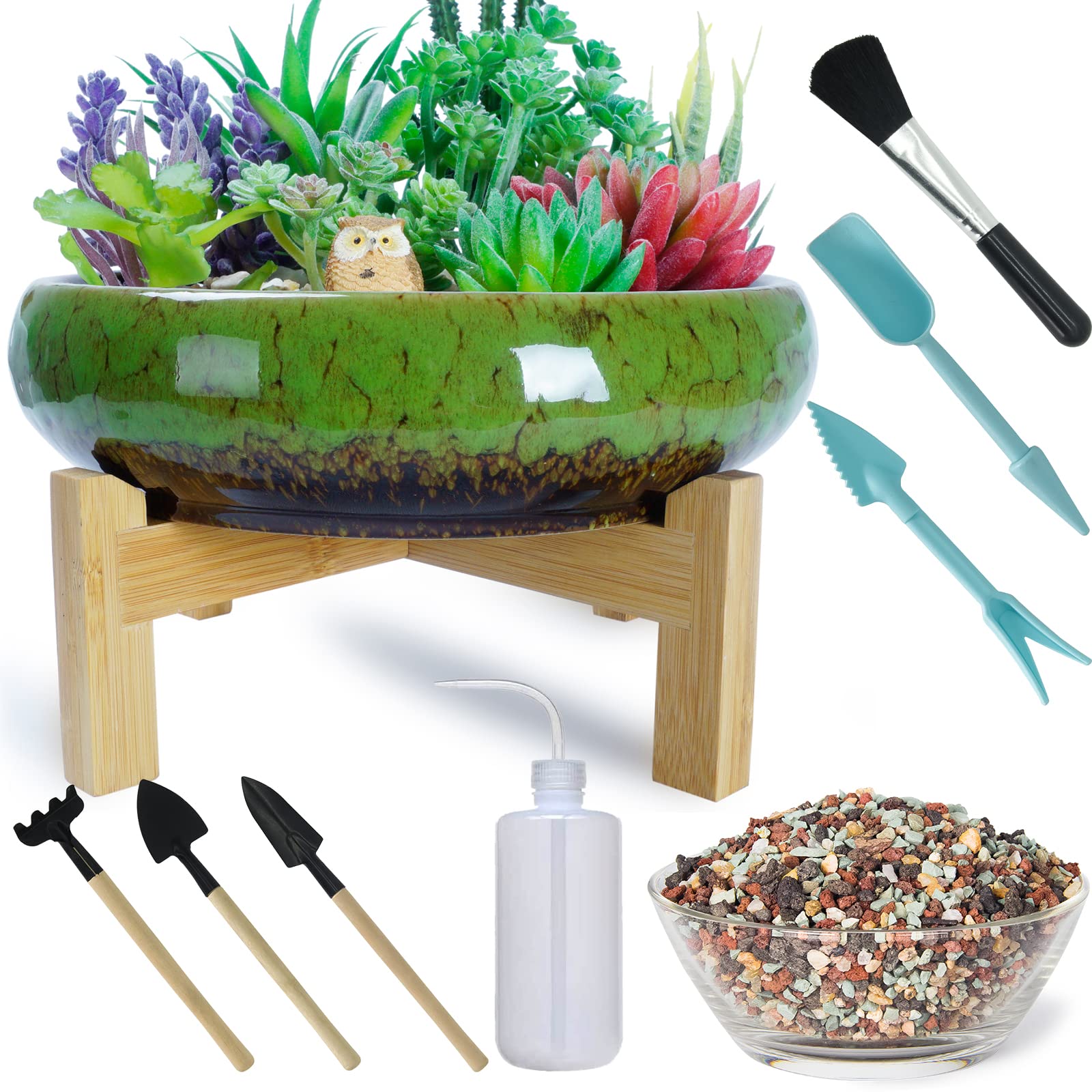 ARTKETTY Succulent Plants Pots, Ceramic Cactus Plants Pots for Indoor/Outdoor Flower Plants, 25cm Large Shallow Bonsai Pot with Drainage Stand Plus Succulent Planting Tools Set & 2.2lb Mix Pebbles — image 1