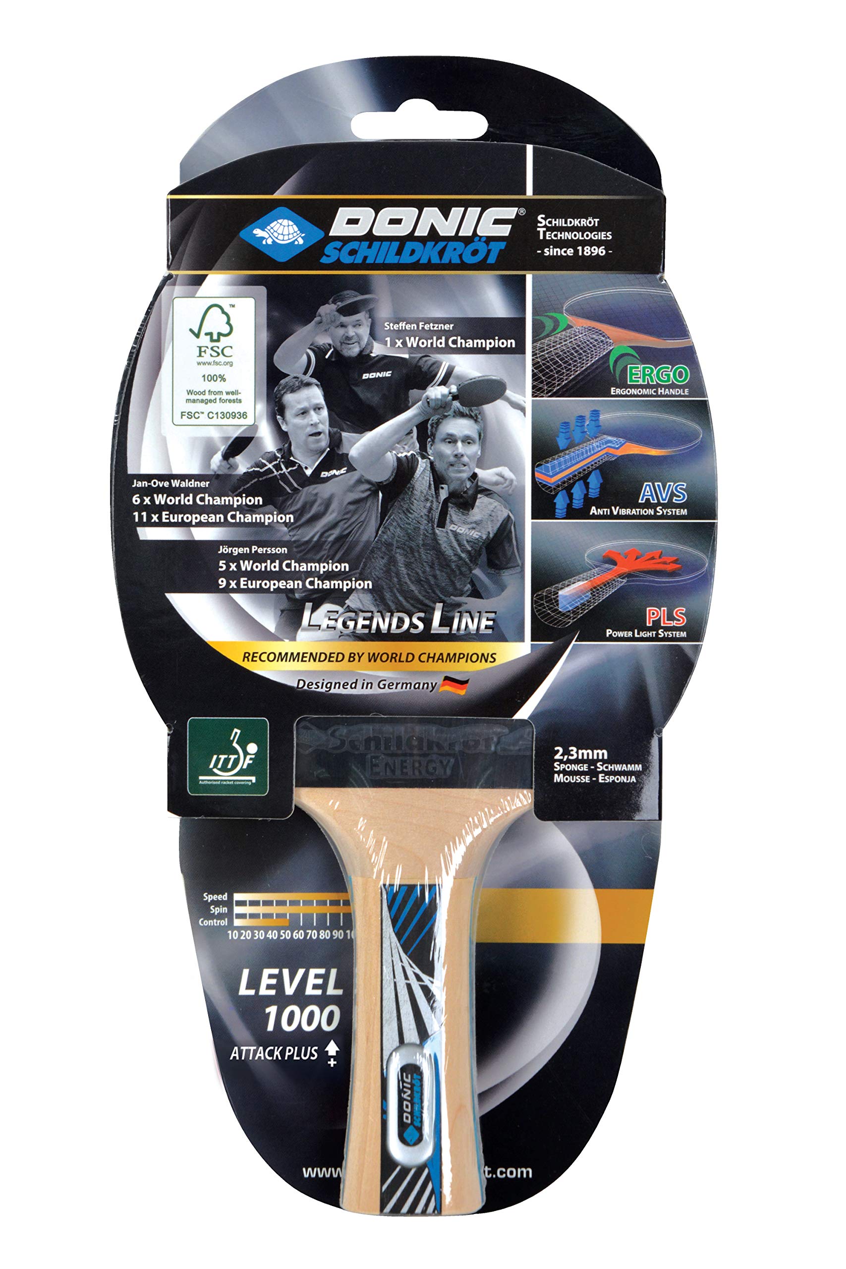 Donic-Schildkröt Legends 1000 FSC Table Tennis Bat, AVS, PLS & Ergo-Grip, 2.3 mm Sponge, FSC Wood, Energy - ITTF Rubber, 754427