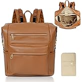 Omanmoli Diaper Bag Backpack Leather Backpack with 17 Pockets Travel Baby Diaper Bag,4 Insulated Pockets,Stroller Straps,Changing Pad,Brown