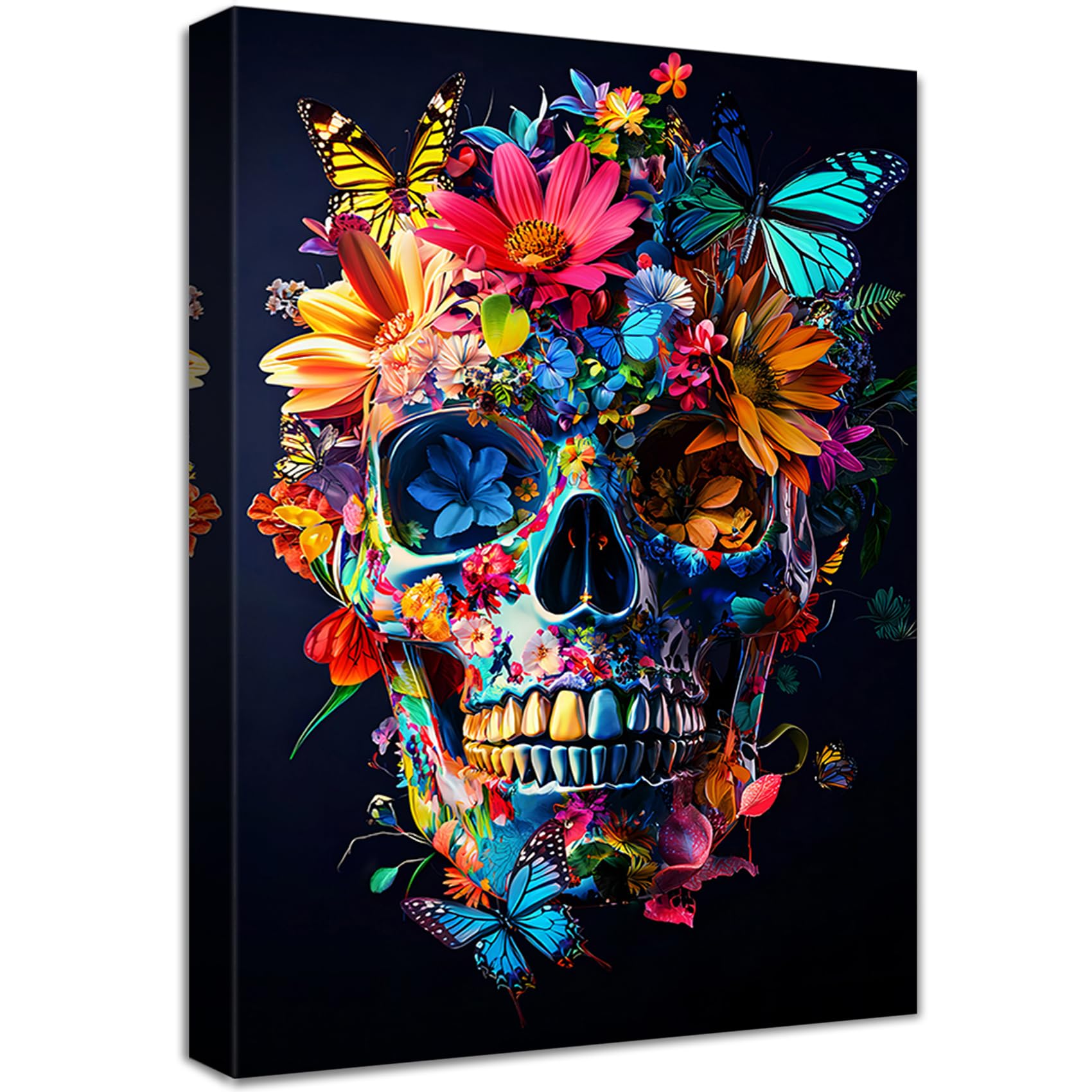 Wooden Framed Canvas Wall Art Colorful Flowers Skull Painting on Canvas Print Poster Chrysanthemum Floral Butterflies Skeleton Black Picture for Living Room Home Corridor Bar Party Wall Decor 30x40cm