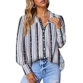 roswear Women’s Long Sleeve Button Down Shirts Chiffon Casual Tops V Neck Striped Blouse