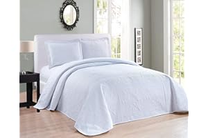 ELEGANT HOME DECOR Elegant Home Beautiful Over Sized White Solid Color Embossed Floral Striped 3 Piece Queen/Full Size Coverlet Bedspread (Queen/Full, White)
