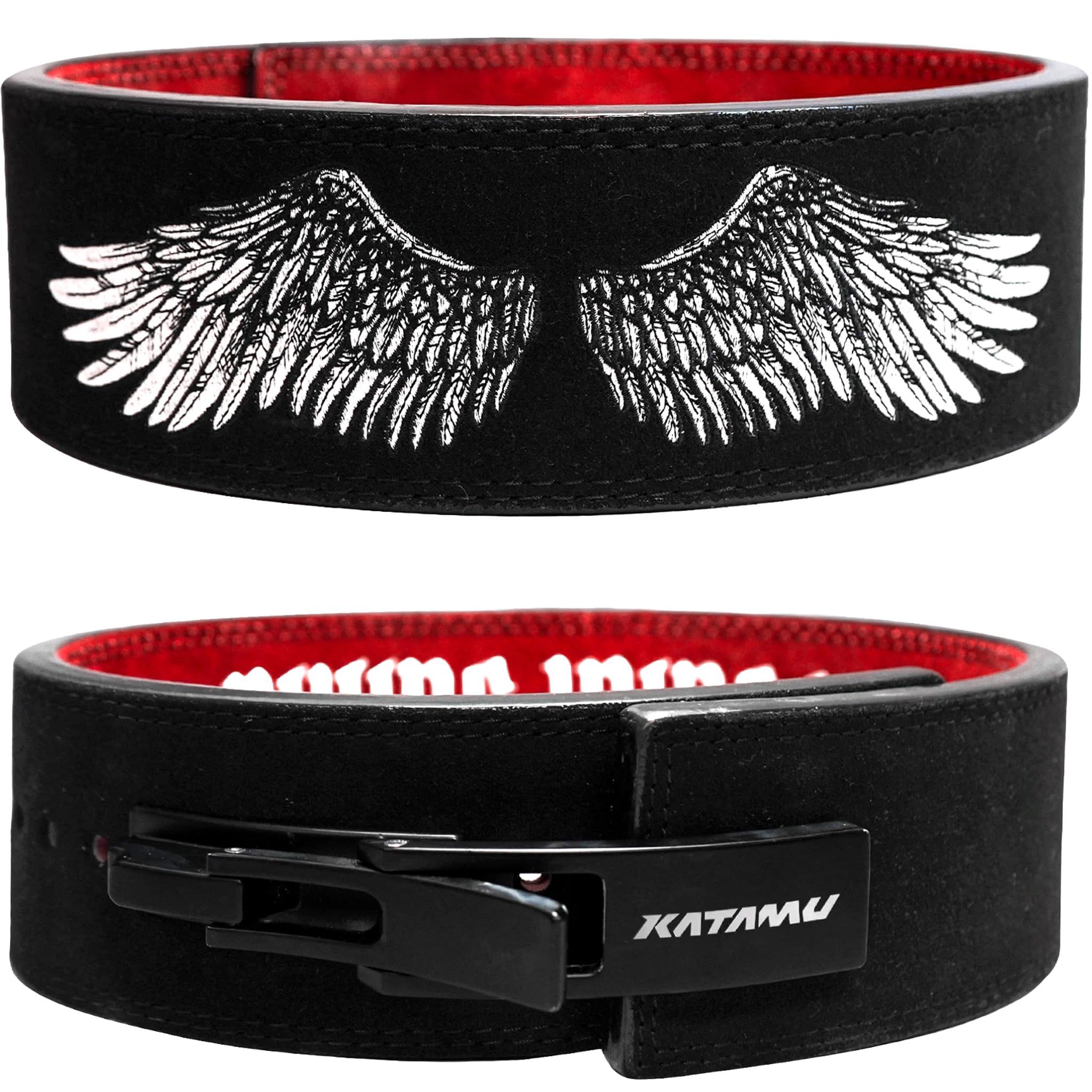 Photo 1 of Katamu Premium Leather Lever Weightlifting Belt – Secure Steel Lever, Powerlifting Support for Deadlifts, Squats & Heavy Lifts (Divine Wings, X-Large)