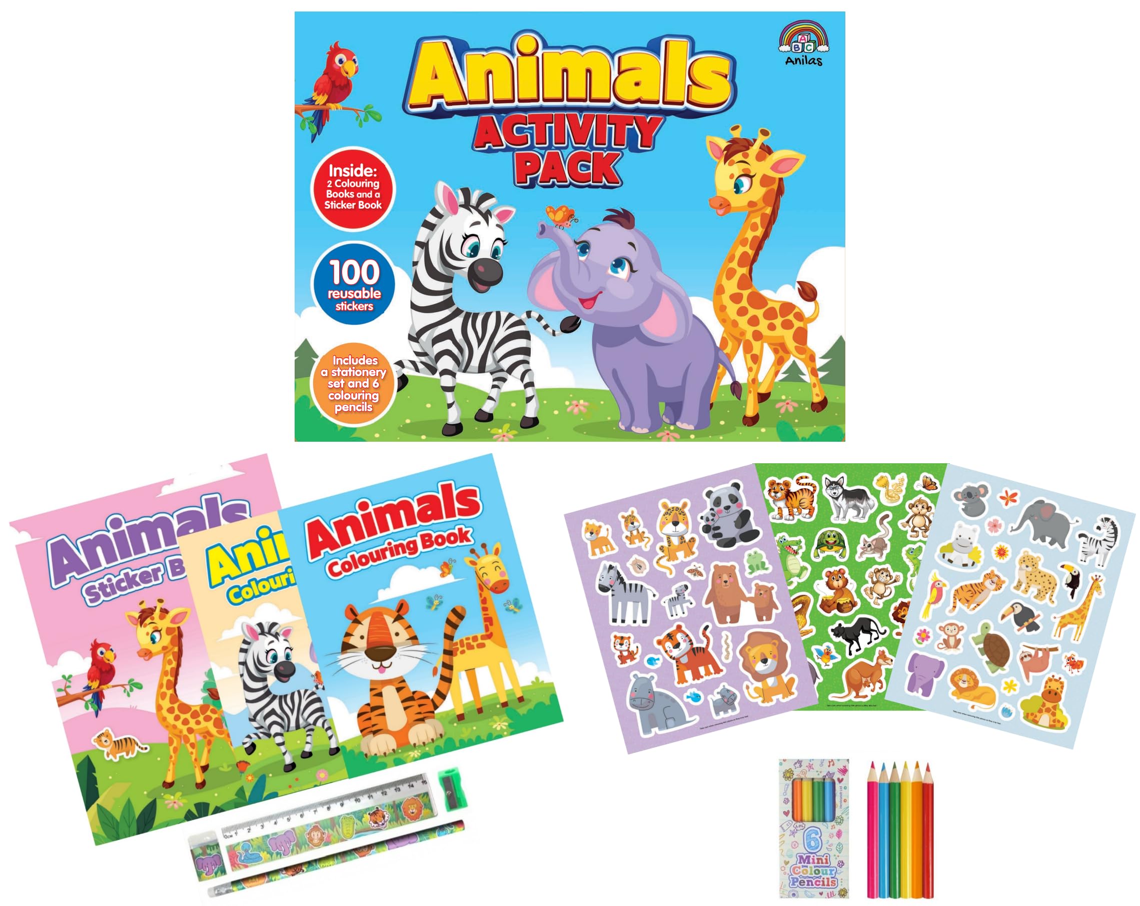 Anila's Animals Activity Pack with Colouring Books, Sticker book, Stationery Set, Colouring Pencils & 100 Reusable Stickers.(Perfect for children aged 3-8). — image 1