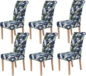smiry 6 Pack Printed Dining Chair Covers, Stretch Spandex Removable Washable Dining Chair Protector Slipcovers for Home, Kitchen, Party, Restaurant (Navy Blue)