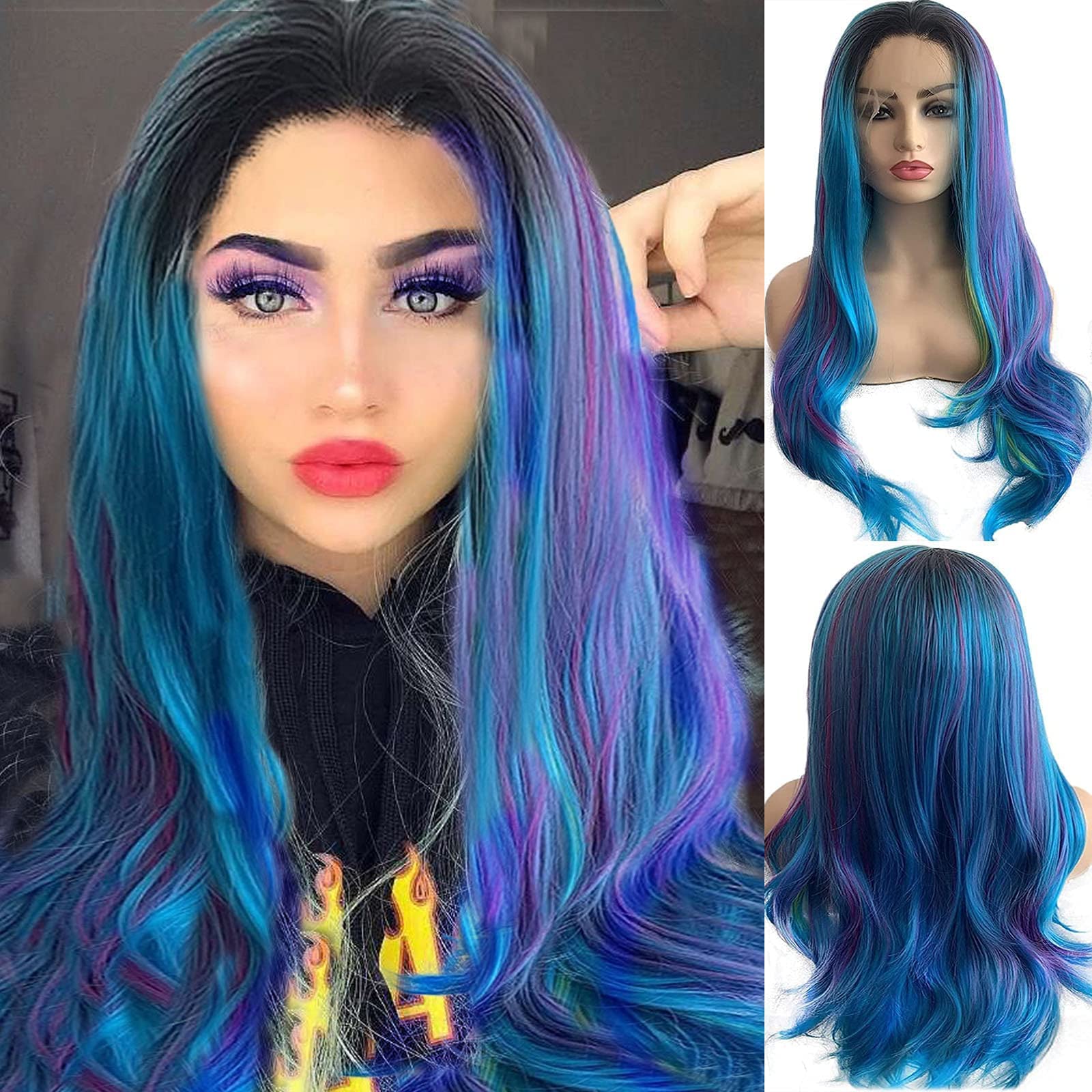 Blue Green Lace Front Wigs for Women Mermaid Purple Yellow Realistic Wigs with Natural Hairline Long Curly Wavy Guleless Synthetic Wig Heat Resistant FIber Hair Cosplay Party Costume 24 Inches