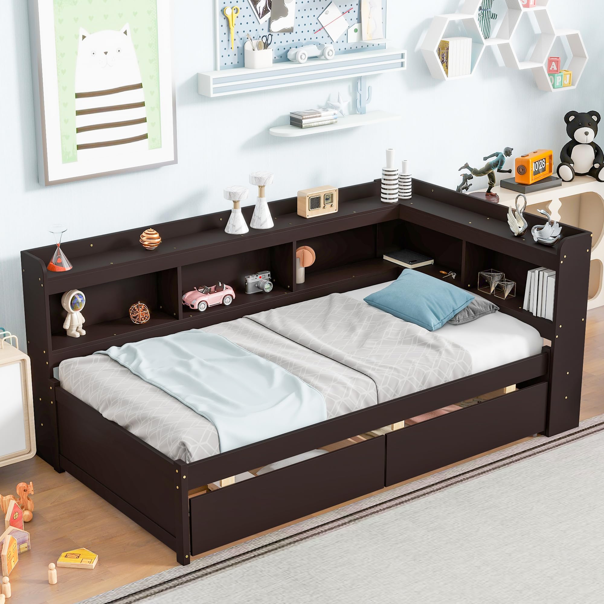 View 1 of ***PARTIAL SET, BOX 2/2 ONLY*** BIADNBZ Twin Size Platform Bed with L-Shape Bookcases and 2 Drawers, Wooden Captain Bedframe w/Storage Headboard, Daybed Furniture for Bedroom Living Room, for Kids Teens Adult, Espresso
