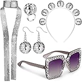 Tudomro 5 Pcs 1970s Disco Outfit Woman Party Costume Set Disco Ball Earrings Headband Ring Sunglasses & Necklace Accessories