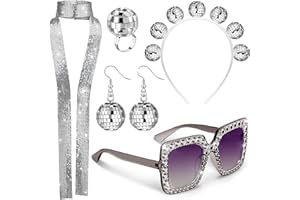 Tudomro 5 Pcs 1970s Disco Outfit Woman Party Costume Set Disco Ball Earrings Headband Ring Sunglasses & Necklace Accessories
