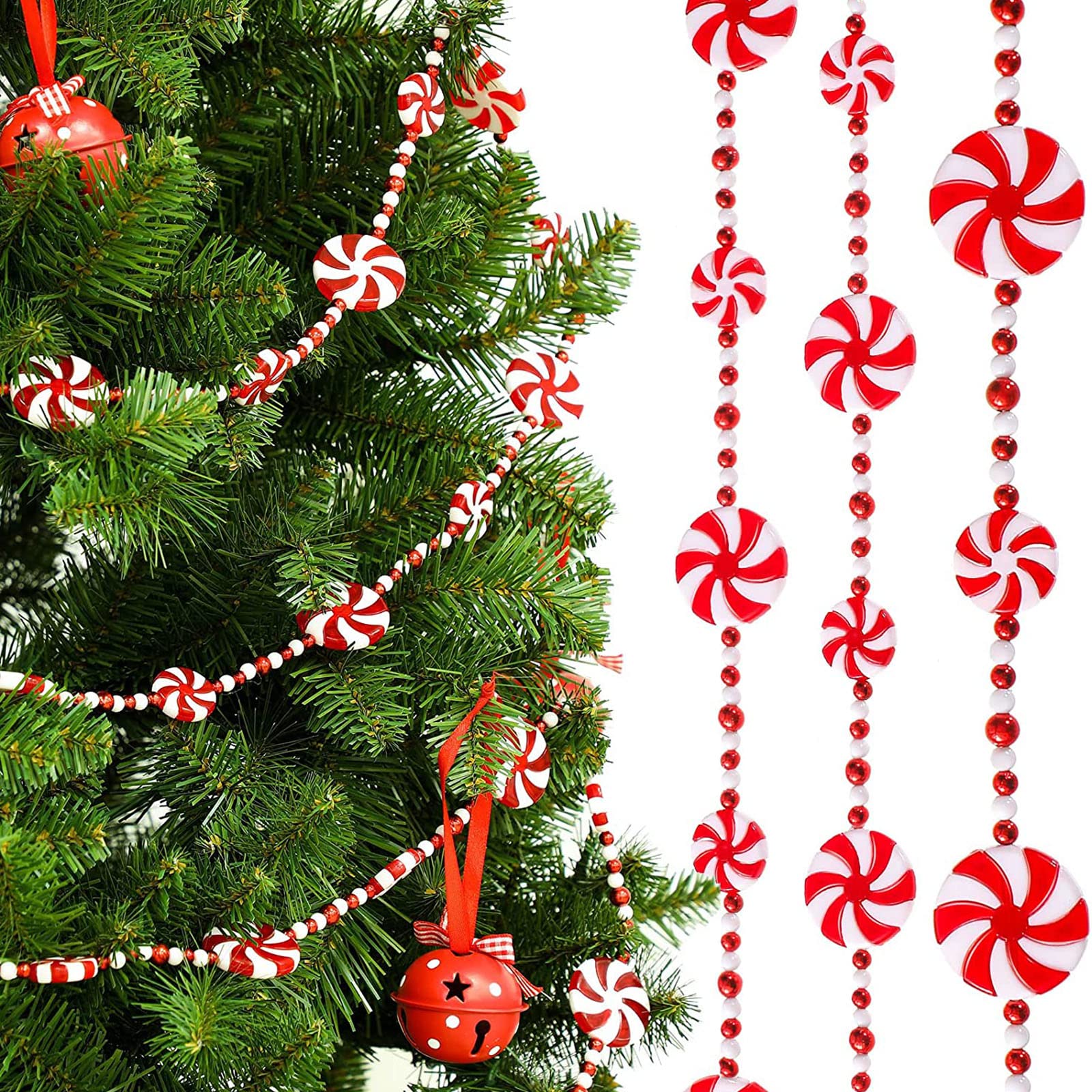 2.4M Candy Christmas Decorations - Red & Green Bead Garland for Trees & Fireplace