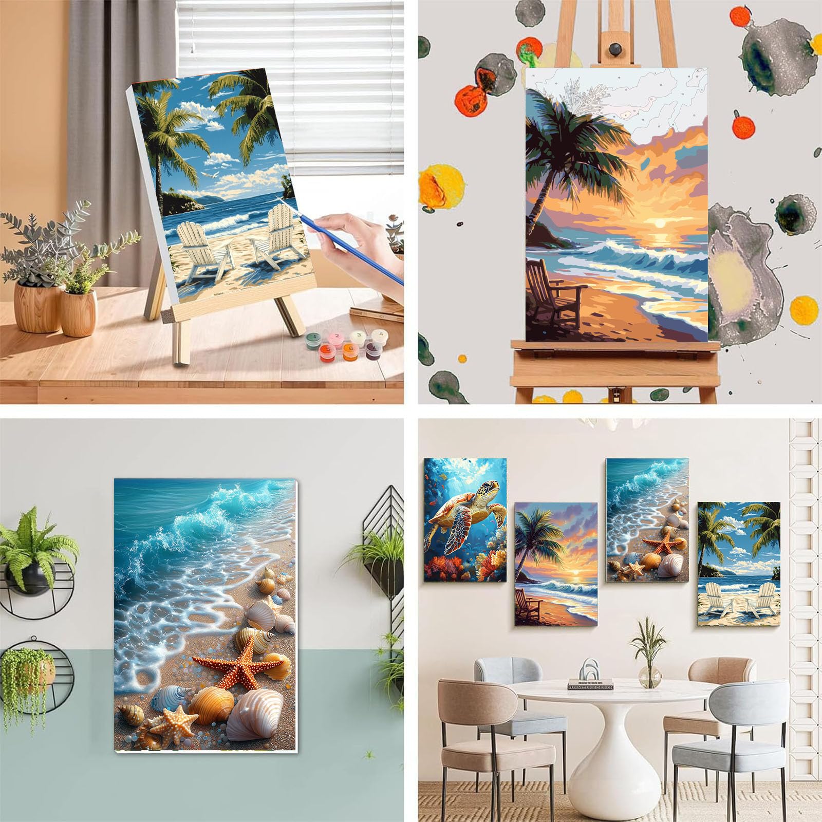 4 Pack Paint by Numbers for Adults with Framed Canvas - with Wooden Easel, Beach Paint by Number on Canvas, DIY Sea Turtle Acrylic Oil Painting Kits with Brushes for Home Wall Decor (8x12 inch)