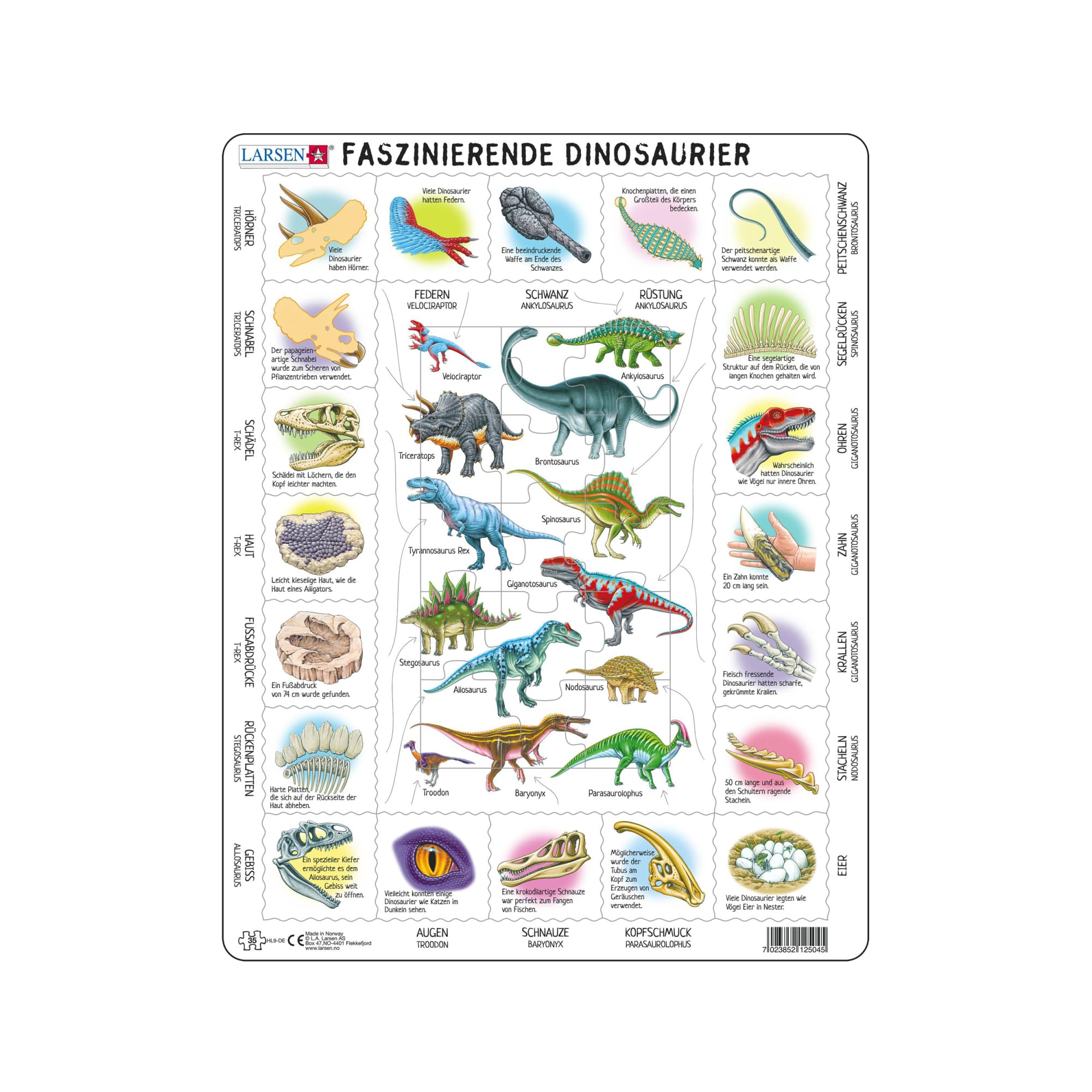 Larsen HL9 Fascinating Dinosaurs, German Edition, 35 Piece Boxless Tray & Frame Jigsaw Puzzle