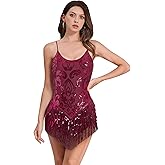 ODIZLI Women Sparkle Sequins Fringe Tassel Leotard One Piece Bodysuit Latin Dance