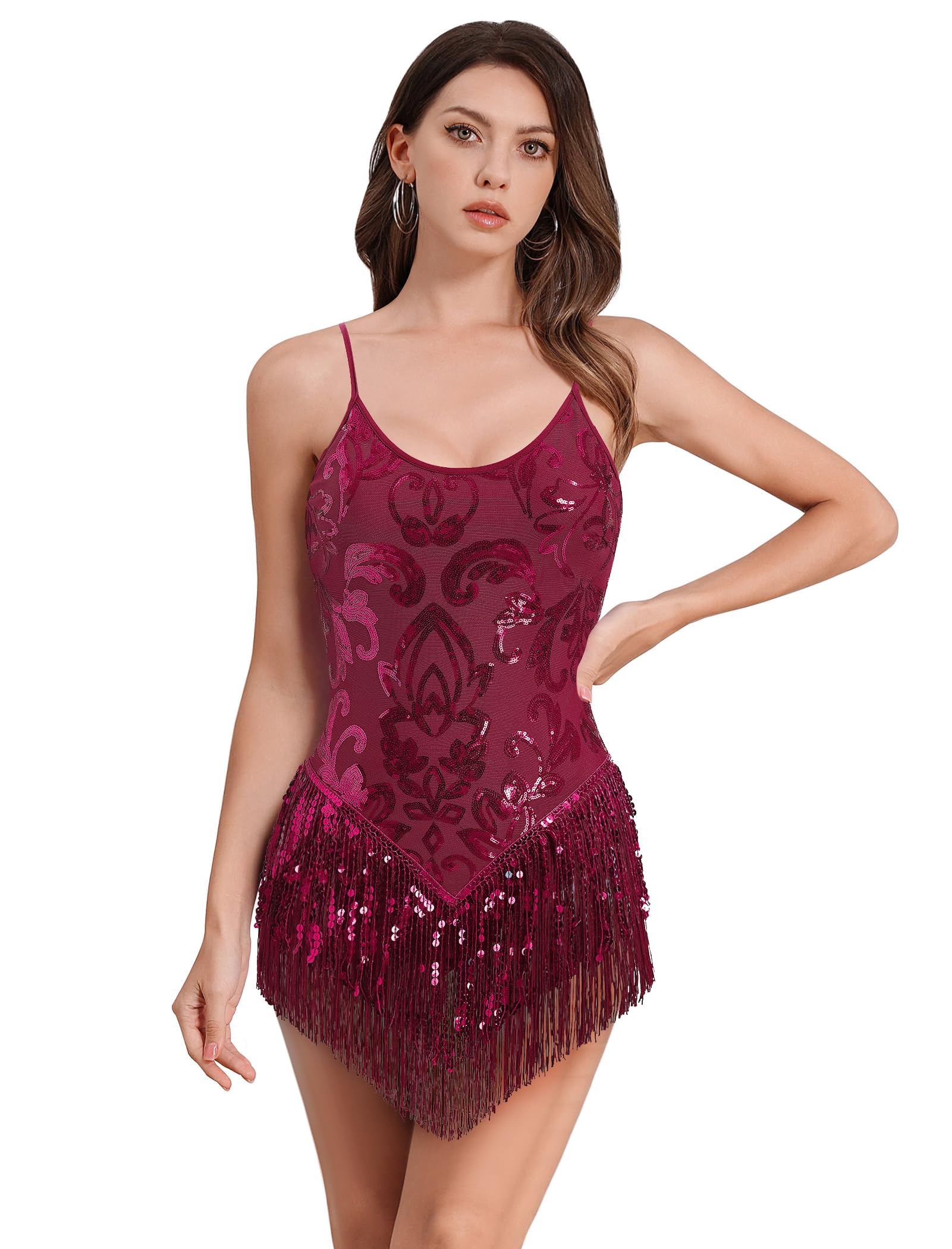 Photo 1 of Sequin Fringe Bodysuit for Women Tour Outfits Tassel Cami Leotard One Piece Bodysuit Latin Jazz Dance Romper Dress Acrobat Costume Trapeze Artist Rave Concert Outfits Party Clubwear Wine Red XS
