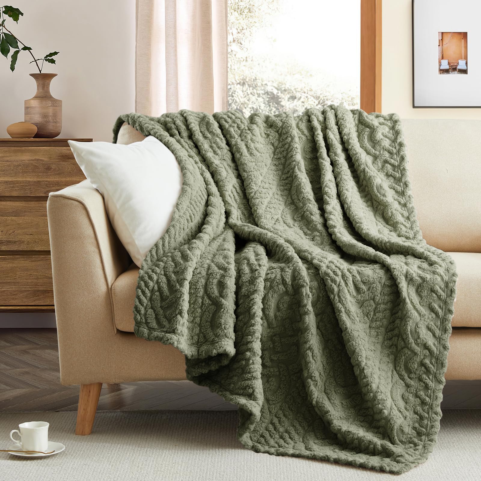 Coastline Sherpa Throw Blanket,Cable Pattern Decorative Soft Cozy Blanket for Couch Sofa,Light Weight Fleece Warm Throw Blanket for Bed,Olive Sage Green,152 x 203 cm
