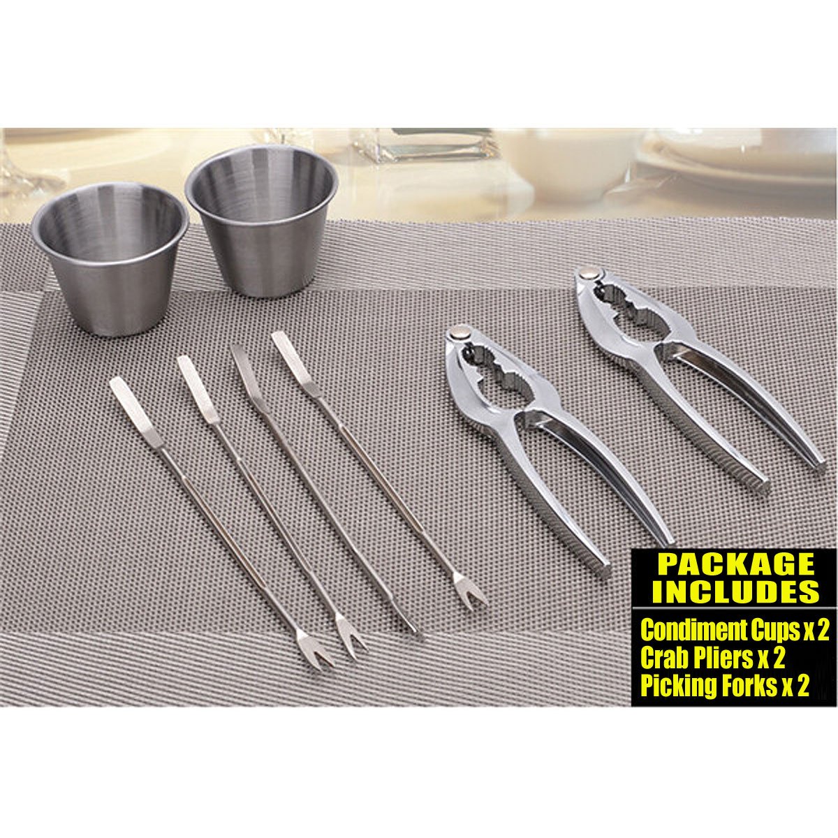 The Wolf Moon® Seafood Tool Kit, 8 Piece Includes 2 x Lobster Crackers + 4 x Stainless Steel Seafood Forks + 2 x Stainless Steel Individual Condiment Sauce Cups