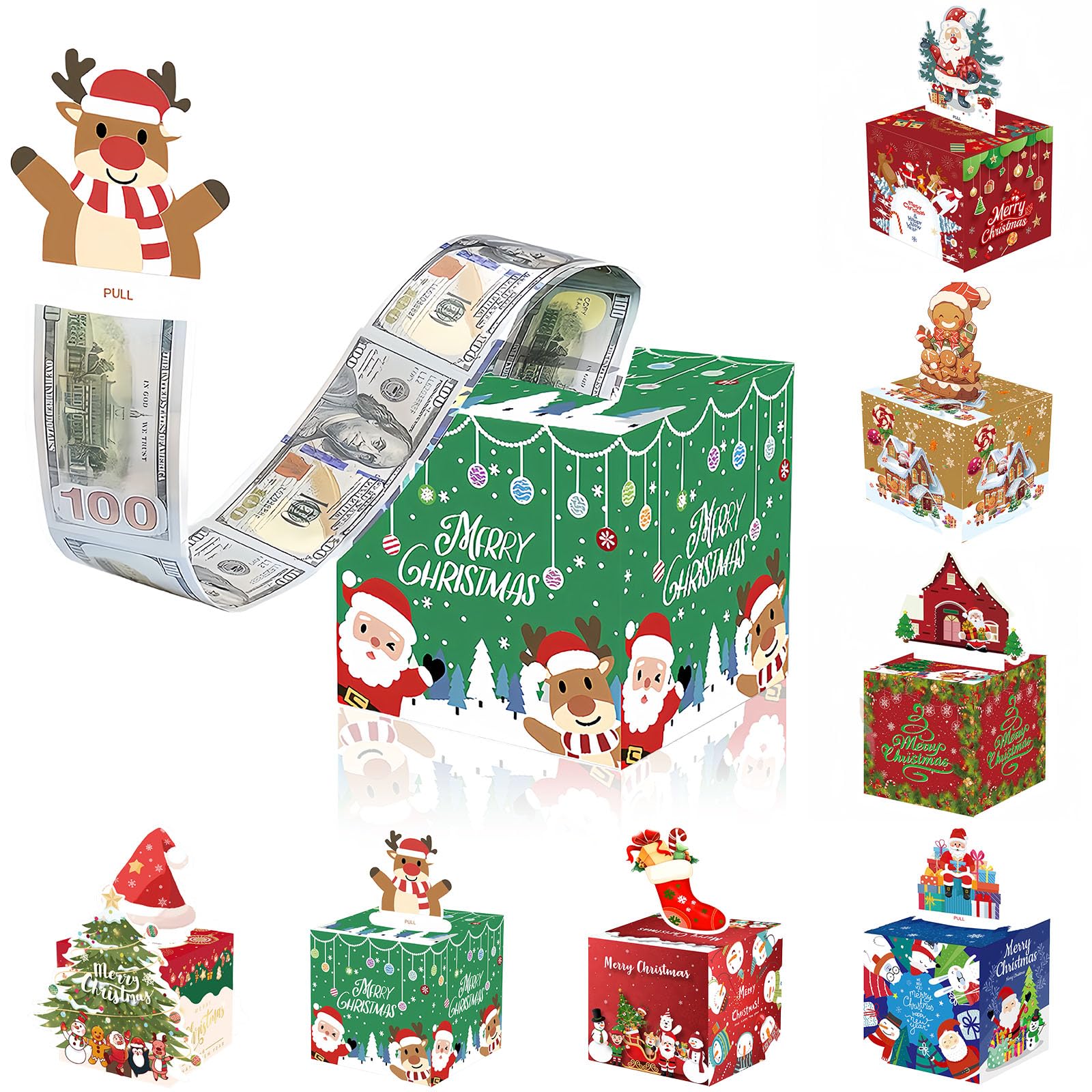 Christmas Money Pull Box,Christmas Money Gift Box Pull Surprise Money Pull Pouch for Kids/Adult,Xmas Money Box for Cash,Money Cake Pull out Cash with Xmas Card and 50P Bags,Money Reveal Box Xmas Party