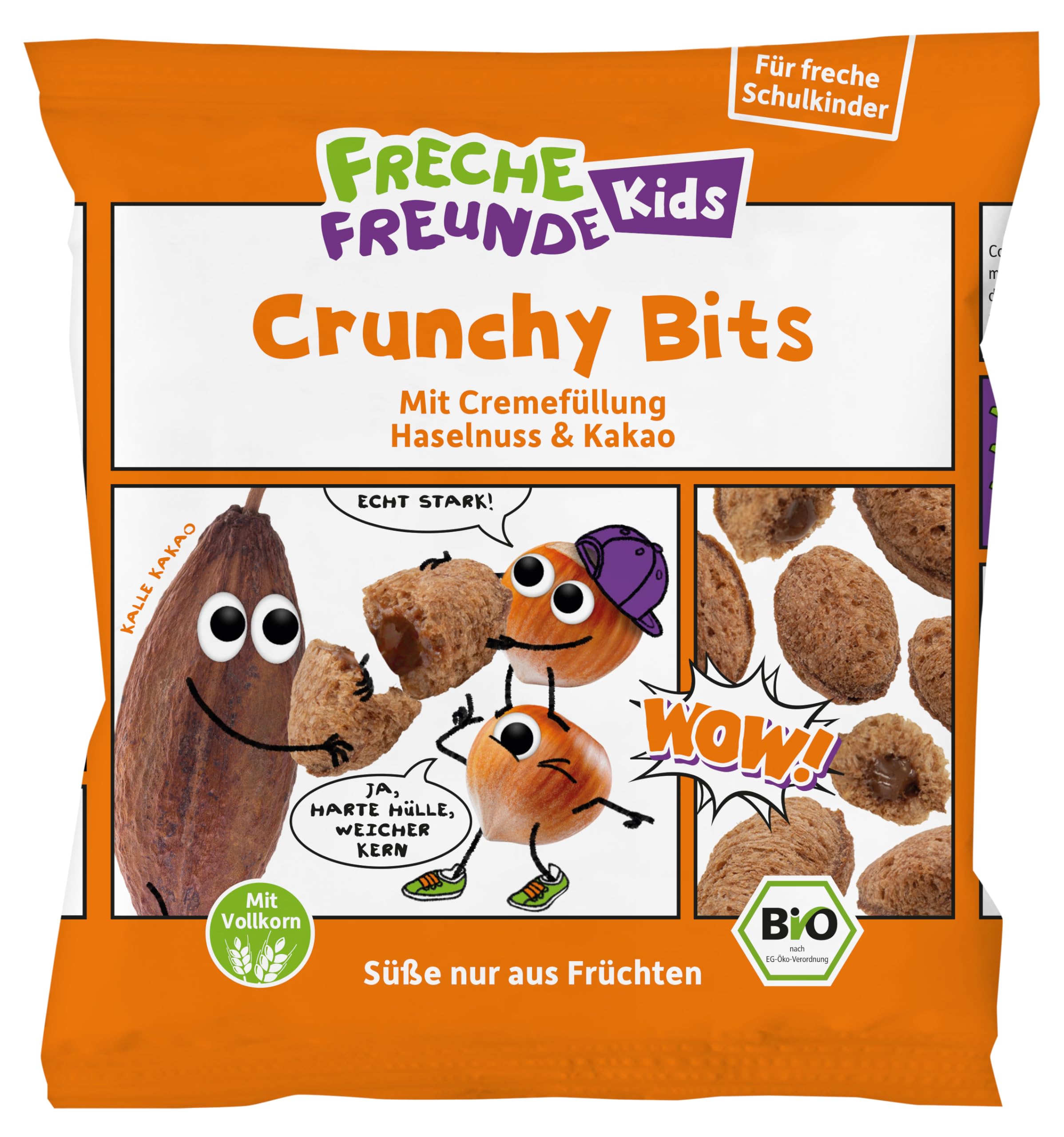 FRECHE FREUNDE Crunchy Bits Haselnuss & Kakao, Bio Knusperhäppchen mit Cremefüllung, vegan, ohne Palmfett & Aromastoffe, ohne Zucker, ideal als knuspriger Snack für Kinder, 11er Pack (11 x 30g)