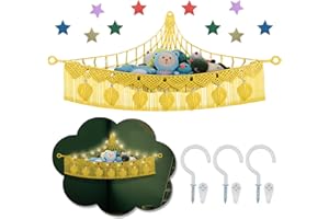 IHANSEE Stuffed Animal Storage Hammock, 56'' Jumbo Hanging Net Organizer for Playroom Nursery Decor, Boho Leaf Tassel Corner Toy Holder Wall Mount, Light Yellow Plush Toy Net with Star Light for Girl Boy Gift