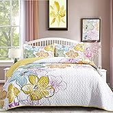 DJY 3 Pieces Quilt Set Queen Size Yellow Floral Pattern, Colourful Floral Bedspread Set Bohemia Reversible Bedding Set Microfiber Lightweight Bedspread Coverlet Set for All Season 90"x96"