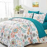 DHSFKBE Boho Comforter Set King - 7 Pieces Bed in a Bag Floral Medallions Design, Bohemian Comforter Set with Sheets, Soft Microfiber Complete Bedding Sets All Season (Teal Blue, King)