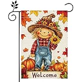 Fall Pumpkin Scarecrow Garden Flag for Outside 12x18 Inch Double Sided Burlap Welcome Autumn Thanksgiving Maple Leaf Sunflower Flowers Farmhouse Holiday Rustic Outdoor Yard Flag Home Decorations