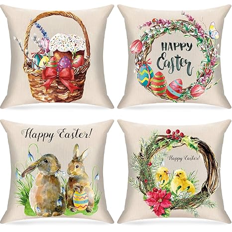 Buy 4 Pieces Happy Easter Pillow Covers Set, Color Eggs Wreath Bunny