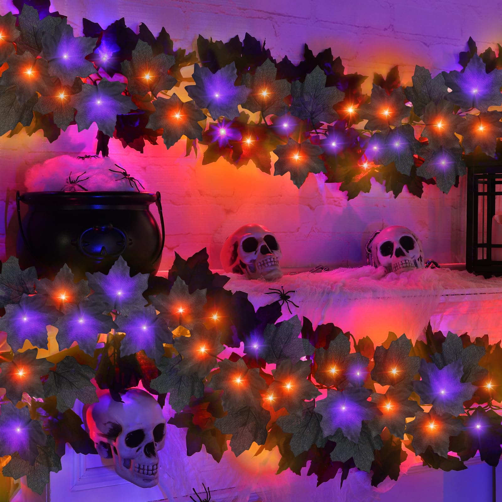 Photo 1 of 2 Pack Total 12 Ft Black Halloween Garland with Lights, Maple Leaf Garland String Lights, 60 LEDs Orange & Purple Lights Battery Operated for Table Fireplace Porch Halloween Decorations Indoor Outdoor