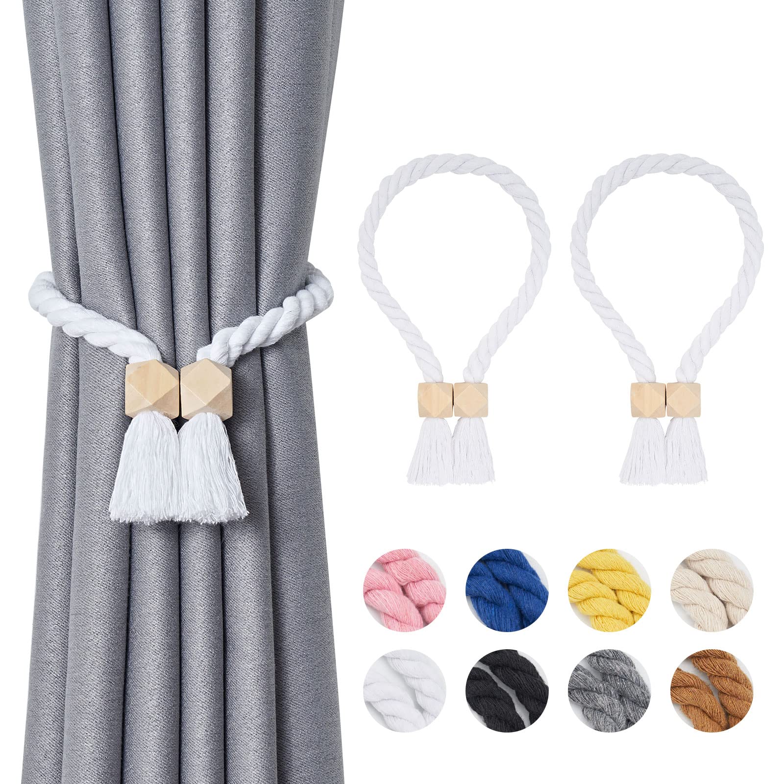 Pretty Jolly 2 Pack Wooden Polyhedron Magnetic Curtain Tiebacks Boho Home Decor Drape Tie Backs Natural Cotton Hand Woven Rope Curtain Holdbacks for Home & Office Window Draperies (White)
