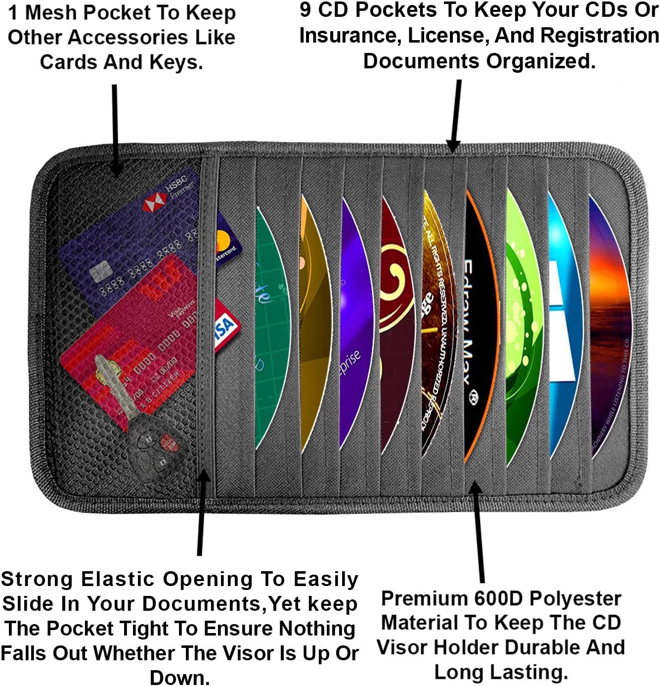 lebogner Car Sun Visor CD Holder and Vehicle Organizer, 2 Pack Auto Interior Accessories 10 Pocket CD, DVDs Storage Case, Registration, Document and Ticket Holder, Storage Pouch Organizer: Automotive