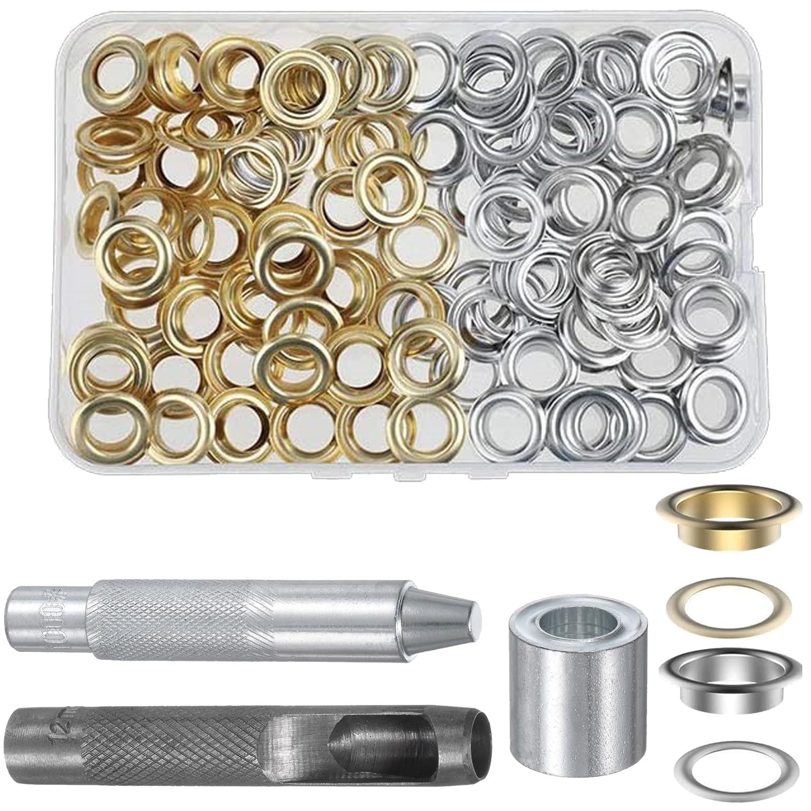 Silver & Gold Tent Eyelet Punch Kit 12mm, 100Pcs Metal Grommets with Hole Setting Tool and Storage Box, DIY Crafts Projects Tarpaulin Repair Sets for Fabric, Shoes, Bag, Canvas, Belt, Poster, Clothe