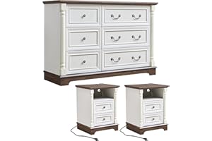 OKYCI 3PC Farmhouse Dresser and Nightstand Sets for Bedroom, Including 6 Drawer Dresser & 2 Drawer Night Stand Set of 2 with USB,Antique White