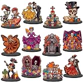 Mifoci 12 Pcs Day of The Dead Table Decorations Wooden Dia De Los Muertos | Sugar Skull, Altar, Mariachi Dancing Skeleton Couple, Ofrenda, Table Centerpiece for Halloween, Mexican Fiesta, Party Decor