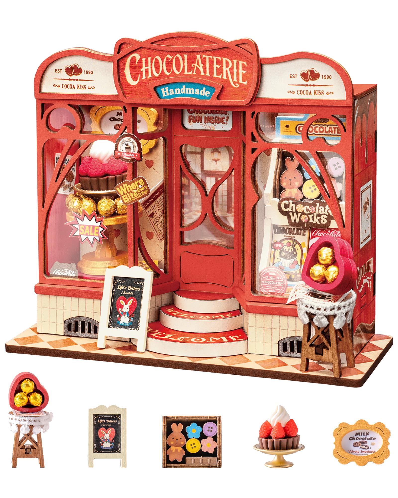 Rolife DIY Miniature House Kit Mini Store Series Wooden Miniature Model Kit Mini Dollhouse Building Set Book Nook Kit Home Decoration Gift for Adults and Teen (Sweet Chocolate Shop)