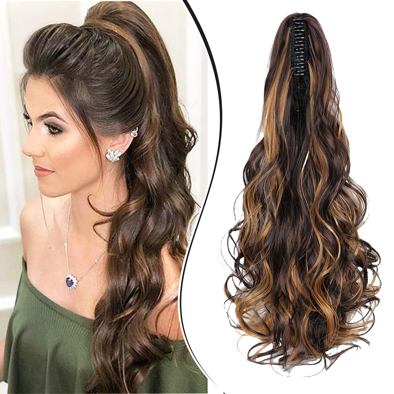 Dcbaboo Ponytail Extension Curly 18inch Claw Clip in Ponytail Hair Extensions Long Wavy Synthetic Pony tails Natural Wave One Piece Hairpiece Fake Ponytail for Women, Medium Brown & Dark Blonde