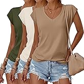 Huukeay 3 Pack Women’s V Neck T Shirts, Cap Sleeve Summer Casual Tops Loose Fit Short Sleeve Tees 2025 Trendy Shirts
