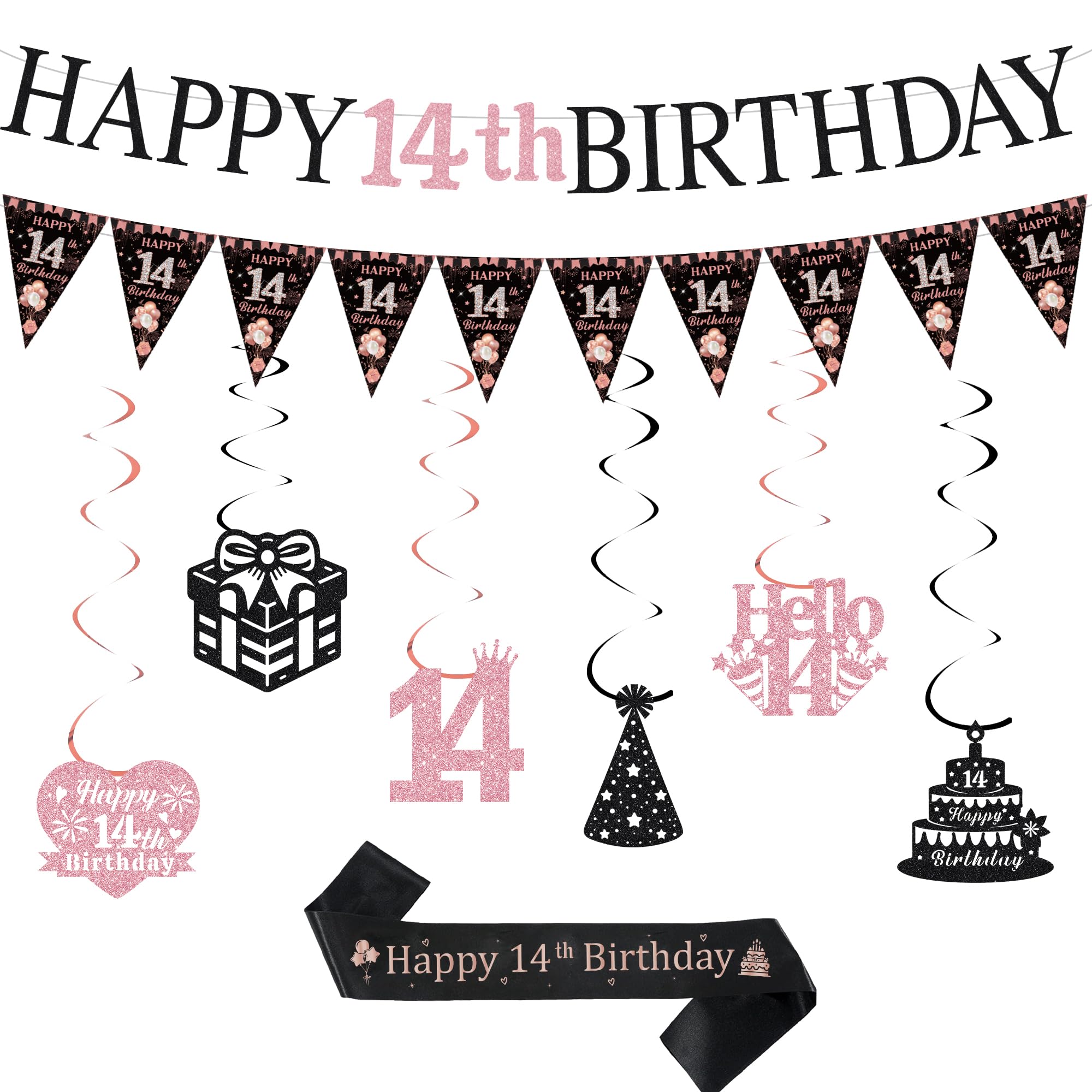 Sroeeshee 14th Birthday Party Decorations - Black Rose Gold Happy 14th Birthday Banners Pennats Hanging Bunting Sash Kit, Ideal 14 Years Old Bday Girls Supplies with Ribbon — image 1