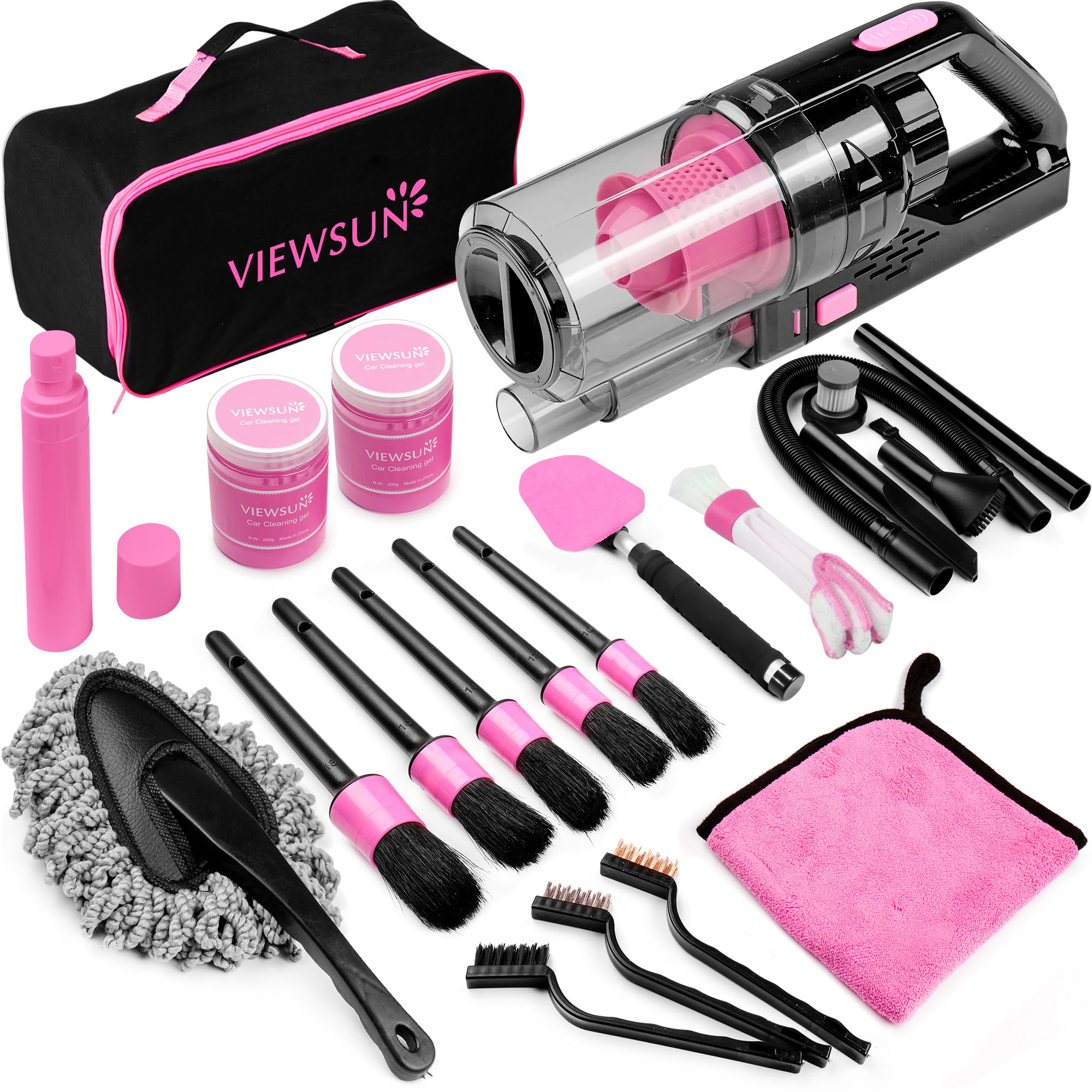 Photo 1 of Viewsun 17pcs Car Cleaning Kit, Pink Car Interior Detailing Kit with High Power Handheld Vacuum, Detailing Brush Set, Windshield Cleaner, Cleaning Gel, Complete Auto Accessories for Women Gift