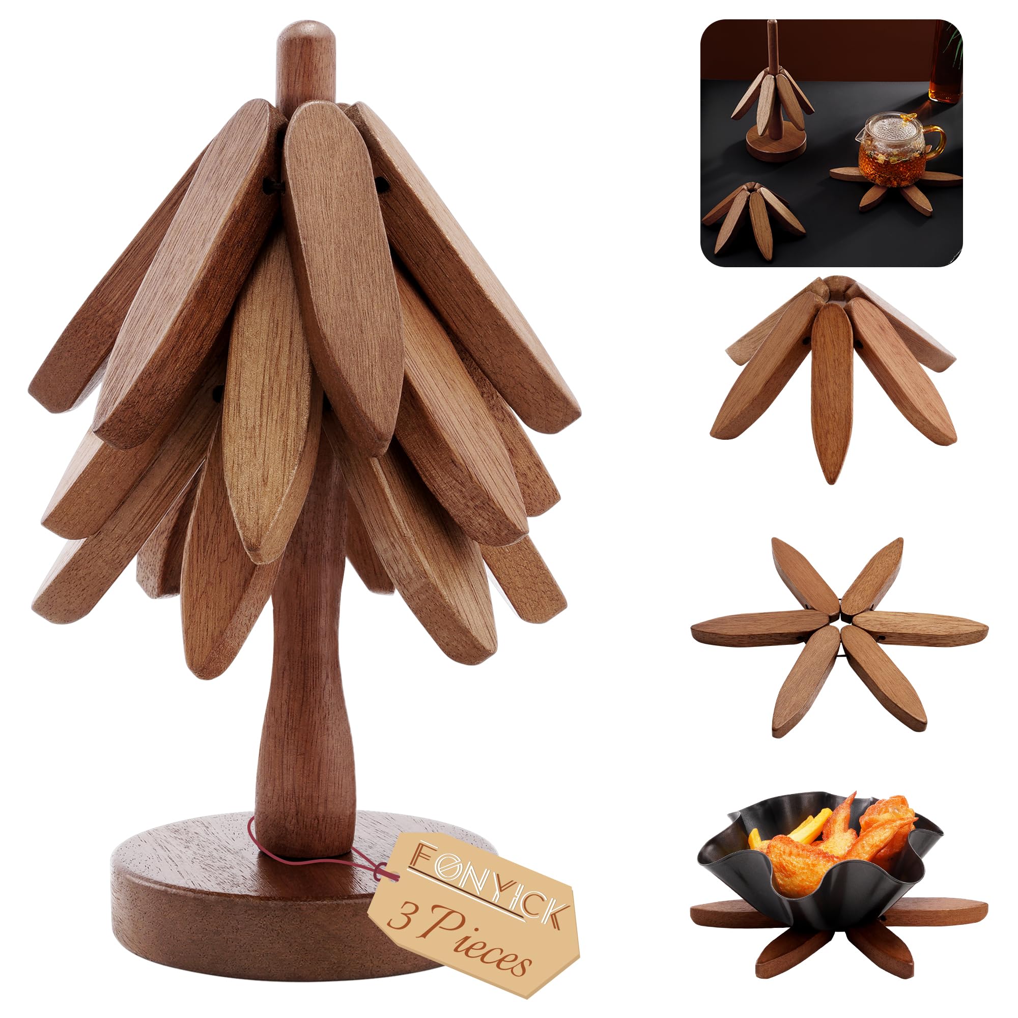 Photo 1 of 3pcs 8 Inch Walnut Wooden Trivets for Hot Dishes, Hot Pots and Pans, Anti Stain Wood Pot Holders for Kitchen Counter Decor, Wooden Collapsible Tree Coasters with Organizer Dinner Placemats