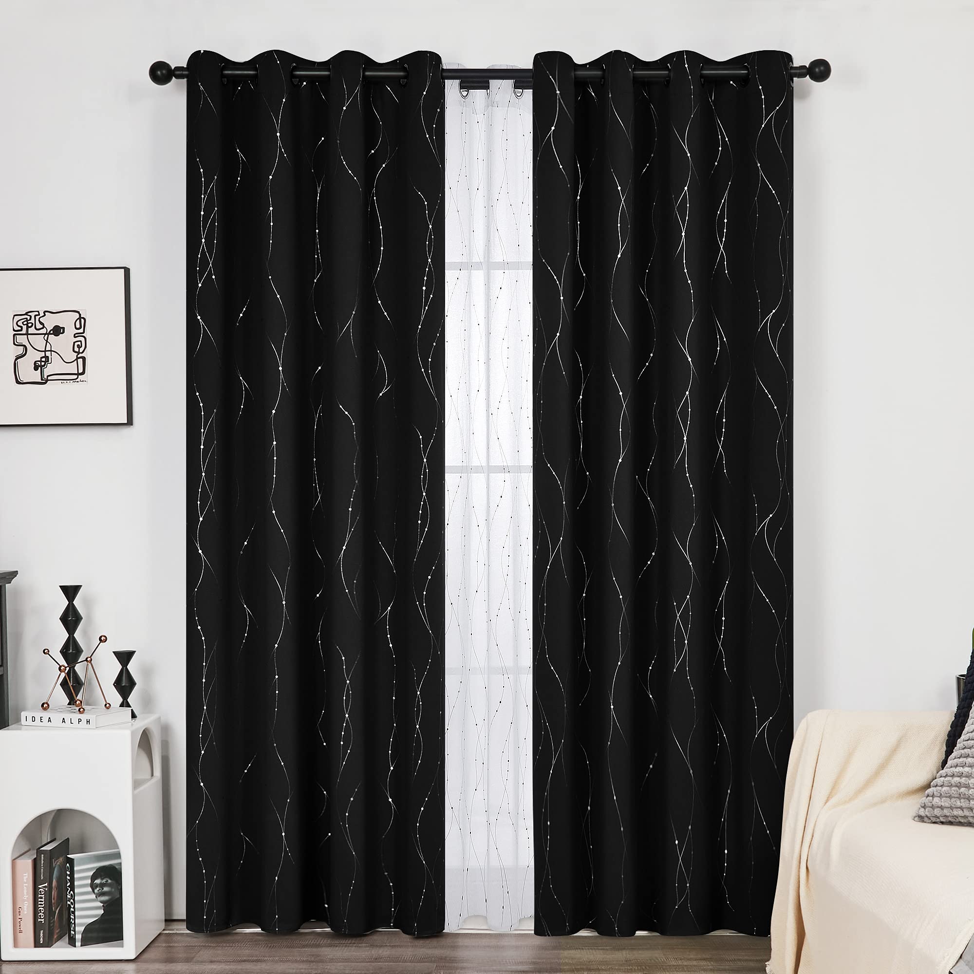 Deconovo Super Soft Thermal Insulated Curtains Blackout Curtains Foil Dotted Line Printed Eyelet Curtains for Living Room W55 x L95 Black One Pair