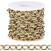 [16.5 FT] 18K Gold PVD Plated Rolo Cable Chains Bulk for Jewelry Making, 7.5mm 304 Stainless Steel Gold Oval Cable Link Chains Roll Spool for DIY Craft Jewelry Making