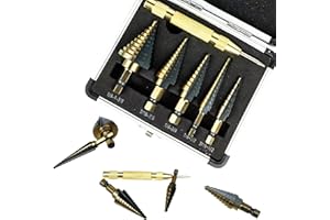 JOMBULL 6 pcs Step Drill Bit Set, HSS Unibit Step Drill Bit and Automatic Center Punch, Double Cutting Blades, Hex Shank Step Bits for Metal with Aluminum Case