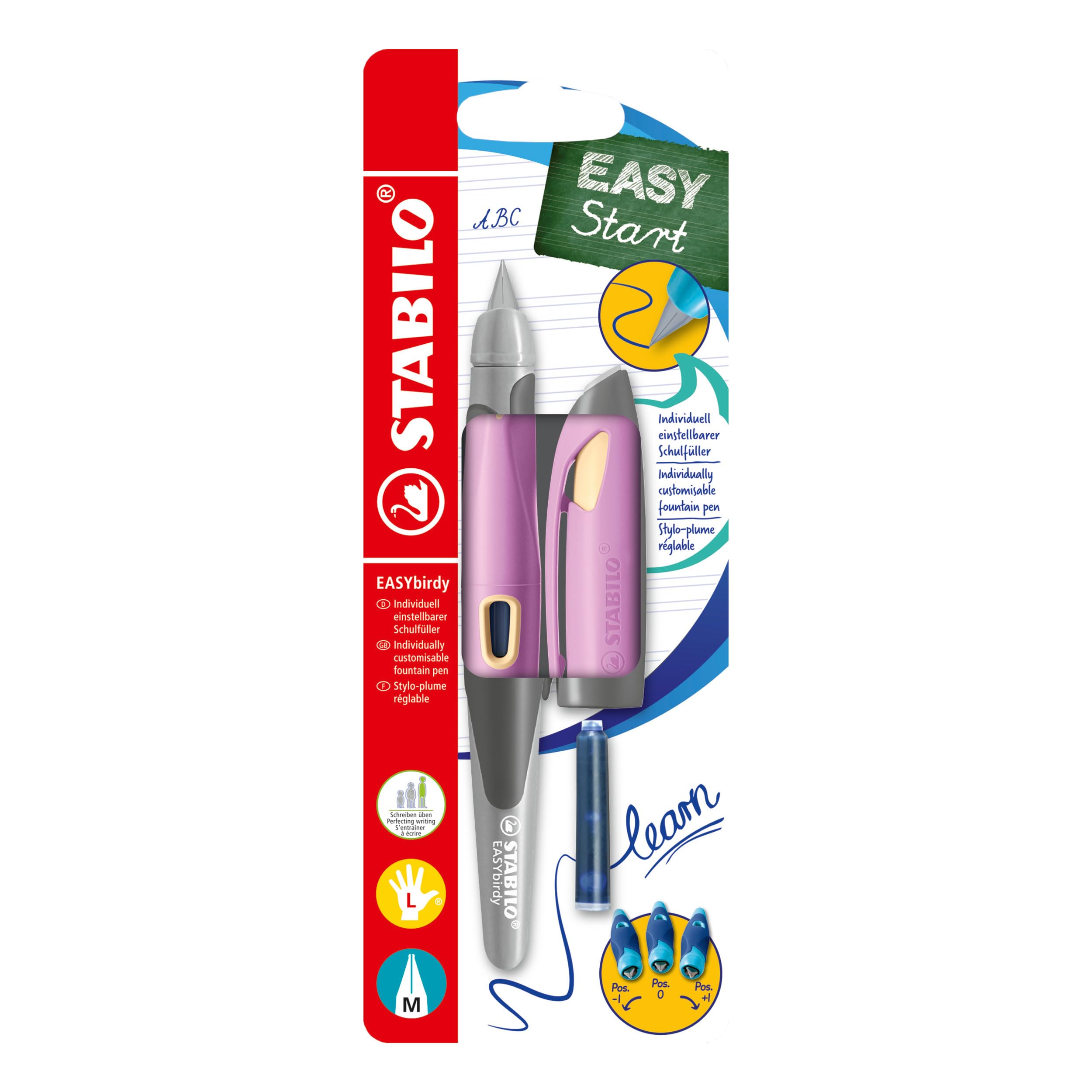 STABILO Ergonomic School Fountain Pen EASYbirdy - M Nib - Left Handed - Soft Pink/Apricot + tool for nib exchange