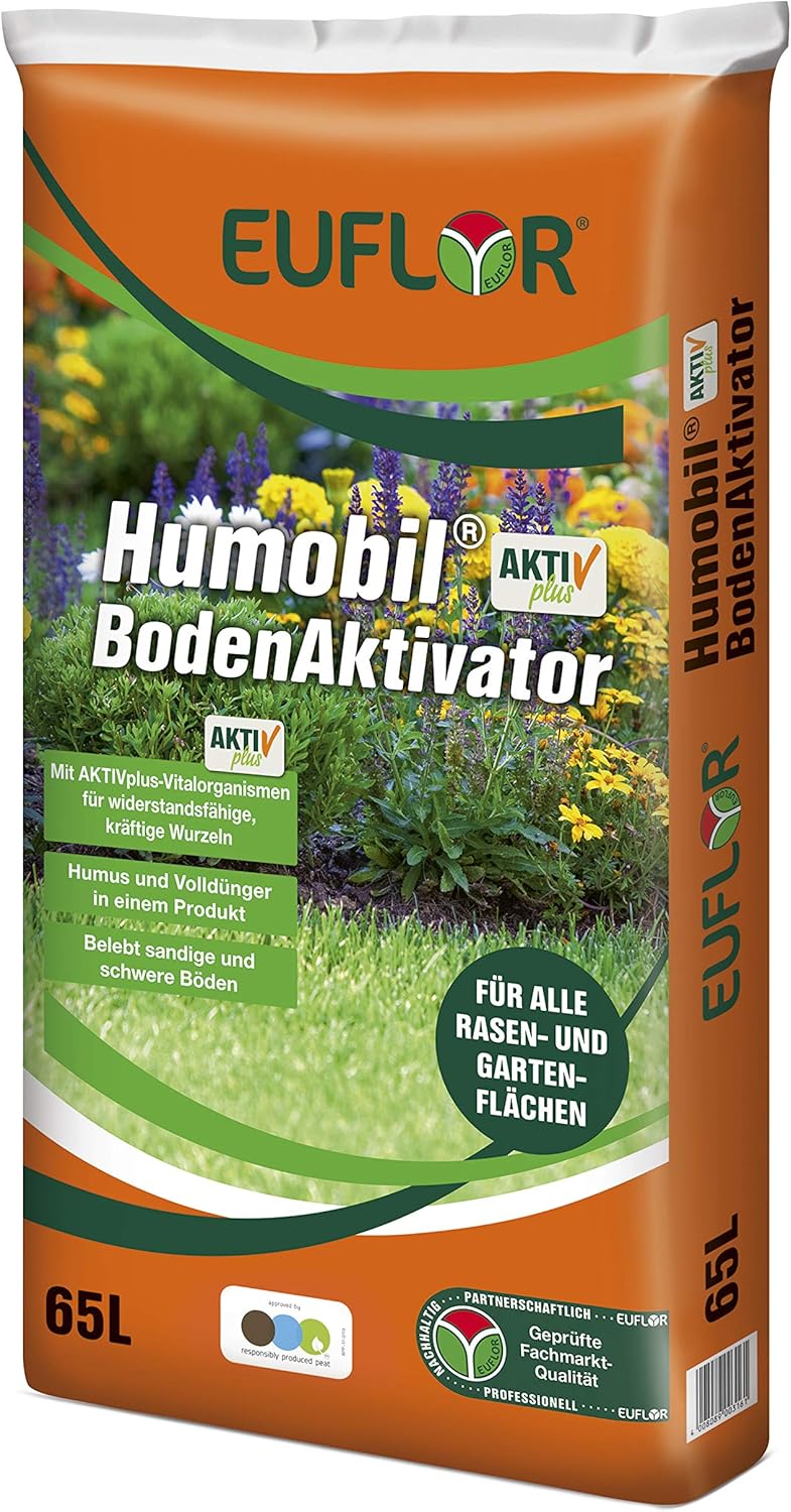 Euflor Humobil® Bodenaktivator AKTIVplus 65L Sack•hochwertiger Humus und ausgewogener Volldünger•zur Rasenpflege/Rasenreperatur•gegen Trockenheit und Nährstoffmangel